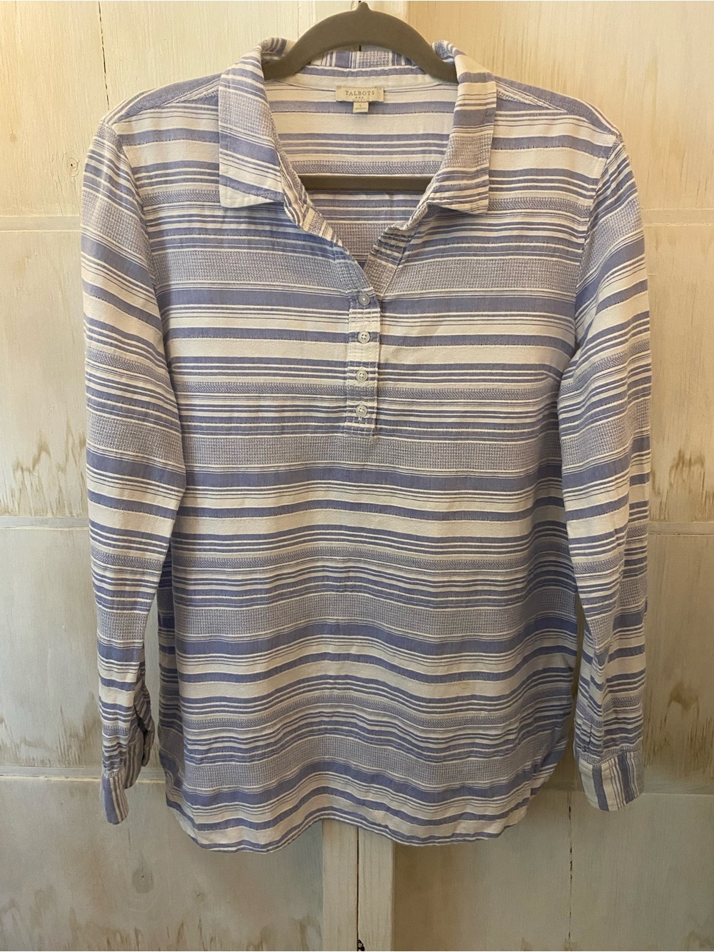 Talbots Blue and White Striped Button-Down Polo Shirt Large Coastal Grandma